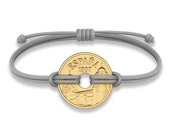 Bracelet porte-bonheur espagnol : plaqué or 18 carats, 25 pesetas, cordon gris