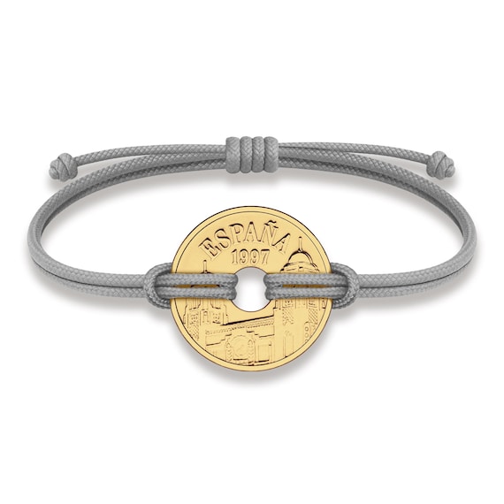 Good Luck Coin Bracelet | Gray String Thread with Lucky Spain 25 Pesetas Coin | 18k gold plated Fortune Wealth & protection wristband