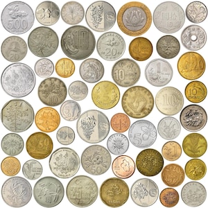 May include: A collection of various coins, featuring different sizes, colors, and designs. The coins display text and numbers, including denominations like "500", "20", and "10". Some coins have floral and botanical patterns.