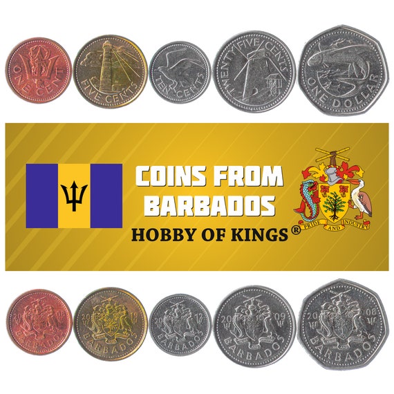 Set of 5 Coins From Barbados. 1, 5, 10, 25, Cents, 1 Dollar. Latest Currency, Money from the Caribbean
