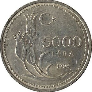 Turkish Coin Turkey 5000 Lira | Mustafa Kemal Ataturk | Tulip | 1992 - 1994