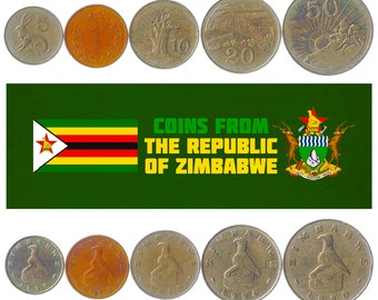 5 Different Coins from Zimbabwe. Money from Africa. Old Collectible Foreign Currency: 1-50 Cents