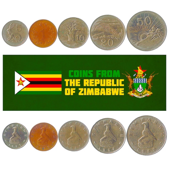 5 Different Coins from Zimbabwe. Money from Africa. Old Collectible Foreign Currency: 1-50 Cents