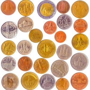 May include: A collection of 25 different coins from around the world. The coins are all in various states of wear and tear, but they are all still recognizable. Some of the coins feature images of buildings, while others feature images of animals or other symbols.