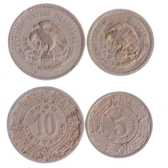 Mexican 2 Coin Set 5 10 Centavos | Currency of Meico | Opuntia | Golden Eagle | Rattlesnake | Sun Stone | 1936 - 1946
