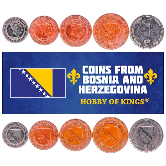 5 Coins from Bosnia and Herzegovina: 5, 10, 20, 50 Feninga, 1 Convertable Marka. Money from Balkans since 1998