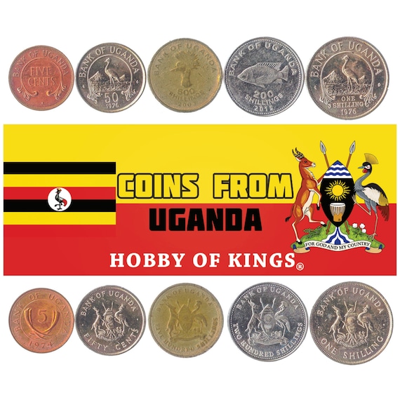 5 Different Coins from Uganda. Currency: Cents, Shillings. Old Collectible Ugandan Money Since 1966