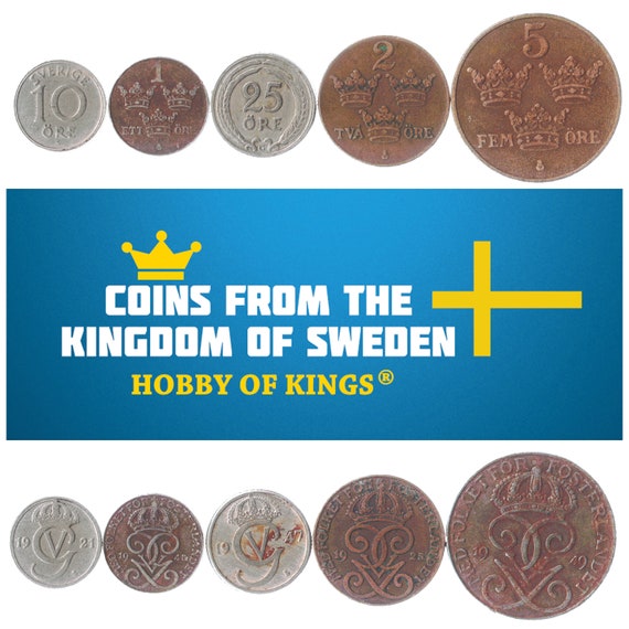 5 Different Coins from Sweden 1909-1950. Swedish Old Collectible Money from Numismatic Periods: Gustaf Vi Adolf, Gustav V