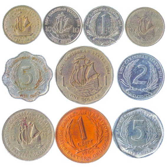 10 Different Coins from The East Caribbean States (OECS): Cents, Dollar. Old Collectible Money from Exotic Countries Since 1955
