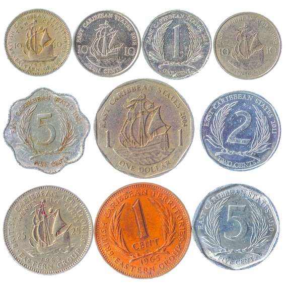 10 Different Coins from The East Caribbean States (OECS): Cents, Dollar. Old Collectible Money from Exotic Countries Since 1955