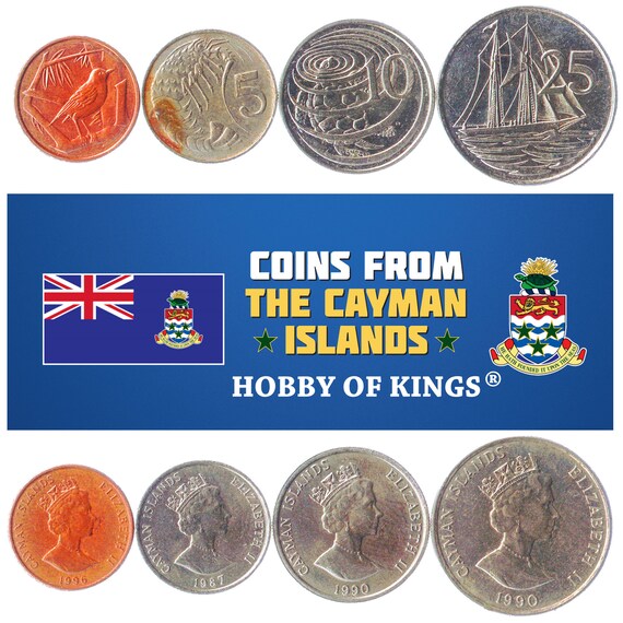 Set of 4 Coins from Cayman Islands: 1, 5, 10, 25 Cents. Old, Collectible Caribbean Currency, Money 1987-1996