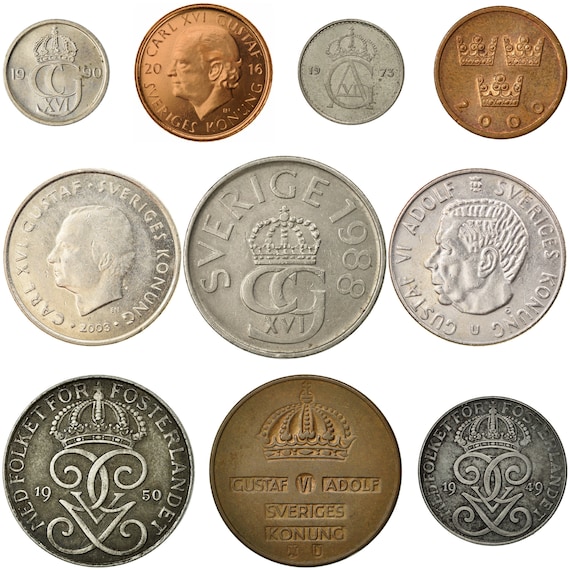 10 Monete svedesi / Collezione di valuta svedese / 1 5 Kronor 2 5 10 50 Ore  / Moneta estera / Monete da collezione / 1942 2016 -  Italia