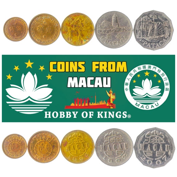 5 Different Coins from Macau. Old Collectible Currency: Avos, Patacas. Macao Money since 1967
