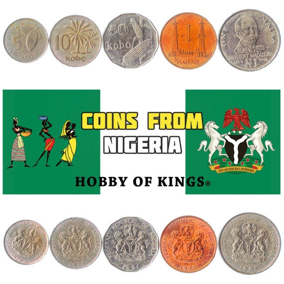 5 Different Coins from Nigeria. African Money Collection: Kobo, Naira. Nigerian Currency since 1973