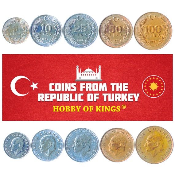 Turkish 6 Coin Set 1 5 10 25 50 100 Lira | Mustafa Kemal Atatürk | Crescent And Star | Turkey | 1985 - 1989