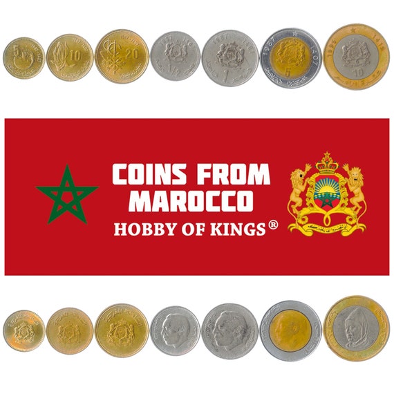 Set of 7 Coins from Morocco: 5, 10, 20 Santimat, 1/2, 1, 5, 10 Dirham. Old Collectible Moroccan Money. Foreign Currency 1987-1995