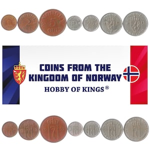 Norwegian 7 Coin Set 1 2 5 10 25 50 Øre 1 Krone | Norwegian Lion | Norway | 1951 - 1957