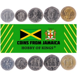 5 Monete dalla Giamaica. Money Set: 1, 5, 10, 25 Cents, 1 Dollaro. Vecchia valuta giamaicana da collezione. 1990-1994