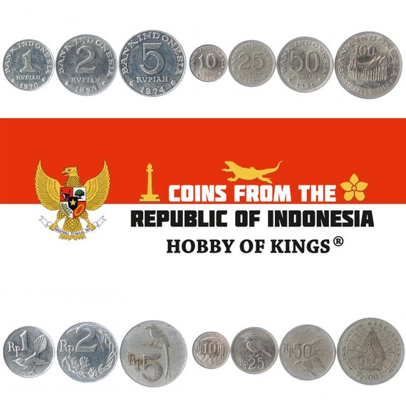 7 Coins from Indonesia | Money Set 1 2 5 10 25 50 100 Rupiah | Old Collectible Indonesian Currency Since 1970 - 1973