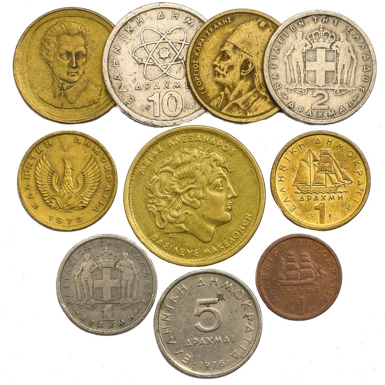 Greek Coins Old Collectible Greece Money Currency Drachmas Lepta Ancient Symbols Aristotle Democritus Pericles Poets Phoenix Since 1954 image 4
