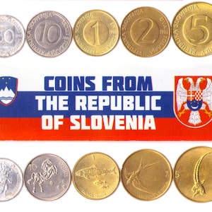 5 monete slovene. Monete diverse dai Balcani. Valuta estera, denaro prezioso