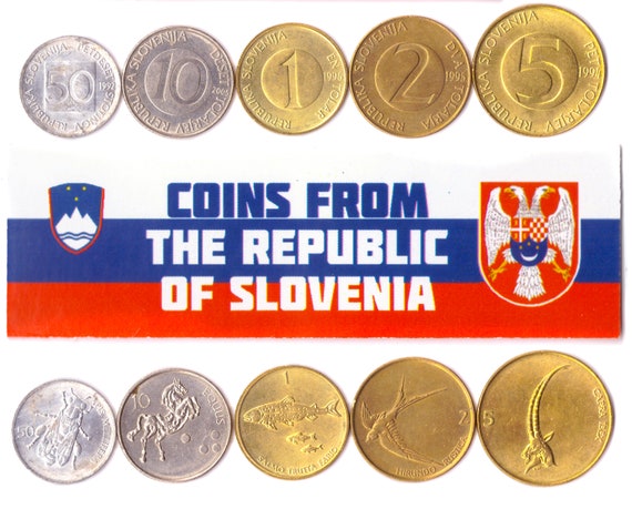 5 Slovene Coins. Different Coins From Balkans. Foreign Currency, Valuable Money