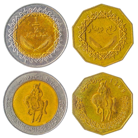 Set of 2 Coins from Libya. 1/4, 1/2 Dinar. Collectible Libyan Arab Jamahiriya Currency, Old North African Money