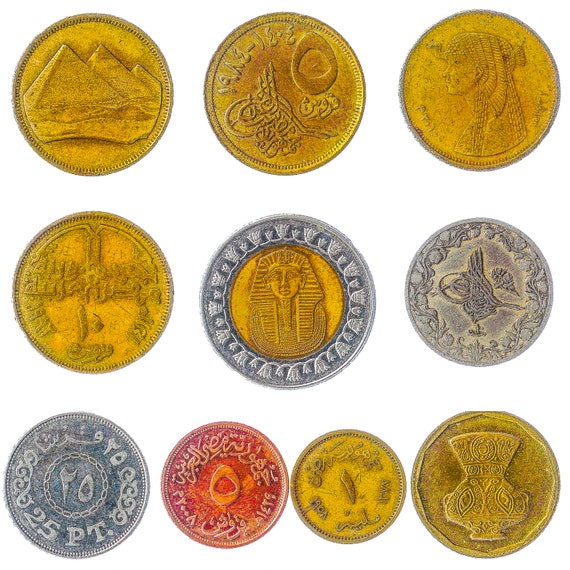Arab Republic of Egypt 10 Coins | Collectible Egyptian Money | Mixed Currency Piastres | Pound | Milliemes Ancient Pharaoh Tutankhamun