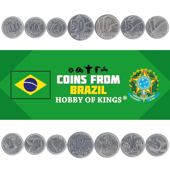 Set 7 Coins Brazil Currency 1 5 10 50 100 500 1000 Cruzeiros Old Rare Brazilian Money Collection Fish Turtle 1990 - 1993