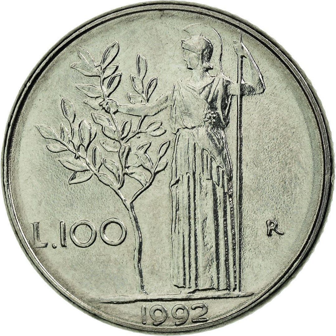 イタリア 100リラ硬貨 | ミネルヴァ女神 | 長槍 | オリーブの木 | 1990