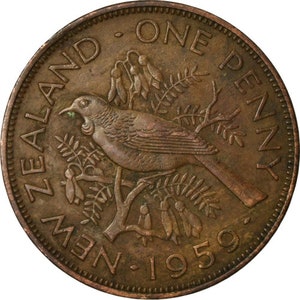 Neuseeland 1 Penny-Münze | Königin Elizabeth II | Tui Vogel | 1953 - 1965
