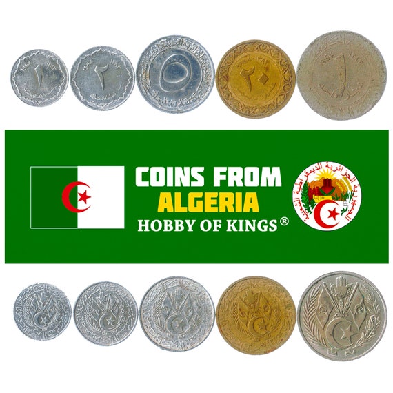 5 Algerian Coins. Different Money Collection from Africa. 1 Santim - 1 Dinar. Old Collectible Foreign Currency