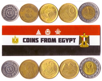 Lot de 5 pièces égyptiennes. Différentes pièces de collection d&#39;Afrique. Devise étrangère