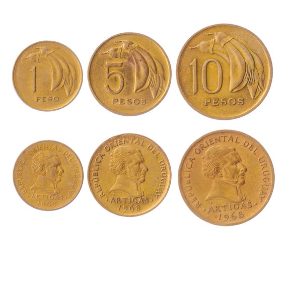 Uruguayan 3 Coin Set 1 5 10 Pesos | Erythrina Crista-galli | Jose Gervasio Artigas | Uruguay | 1968
