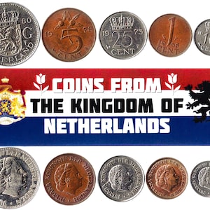 May include: A collection of Dutch coins featuring the Dutch lion and the text "COINS FROM THE KINGDOM OF NETHERLANDS". The coins are from various years and denominations, including 1, 5, 10, 25, and 100 cents.