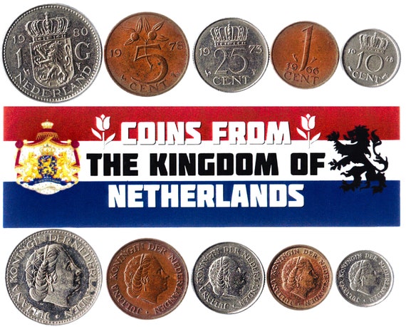 5 Dutch Coins. Different Coins, Netherlands. Foreign Currency, Valuable Money
