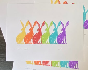 Rainbow Hares - Handmade Original Linocut Print