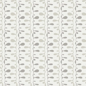 Puede incluir: Patrón repetitivo de líneas verticales con un diseño caprichoso. El patrón presenta líneas alternas de gris claro y medio, con un fondo blanco. Cada línea tiene una serie de elementos en forma de lágrima conectados por un tallo delgado y curvo, creando un aspecto orgánico.