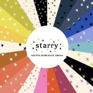 May include: A fabric swatch collection arranged in a circular sunburst pattern featuring various solid colours including yellow, orange, pink, black, and blue. Each segment displays a repeating pattern of small hand-drawn stars. The centre white circle contains the text "starry" and "ALEXIA MARCELLE ABEGG" in black.