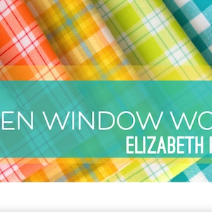 以下が含まれることがあります： ピンク、オレンジ、イエロー、ターコイズのチェック柄生地のロールのコレクション。テキスト「KITCHEN WINDOW WOVENS」と「ELIZABETH HARTMAN」がターコイズ色のバナーに表示されています。これらの生地は、ホームデコレーション用です。