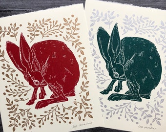 Hare in a Bush - Handmade Original Linocut Print