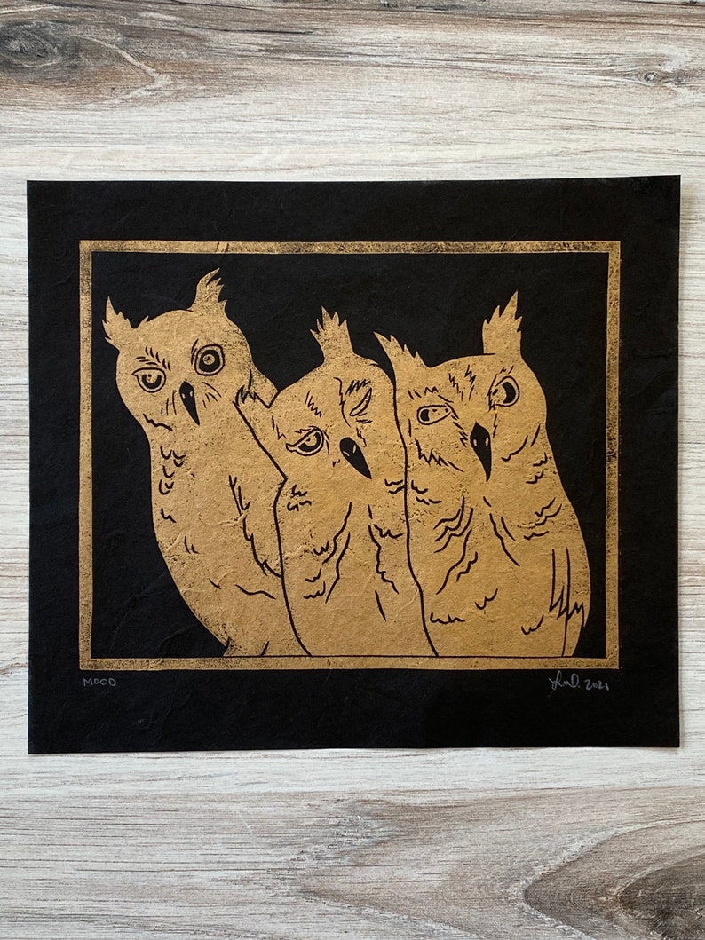 Mood Handmade Original Linocut Print Black paper