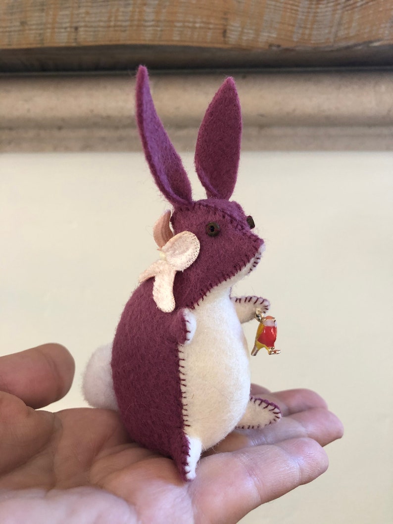 Bird in the Hand Bunny ~ Mini Handmade Bunny ~ Wool Felt OOAK Gift ~ Pincushion