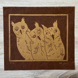 Mood Handmade Original Linocut Print Brown paper