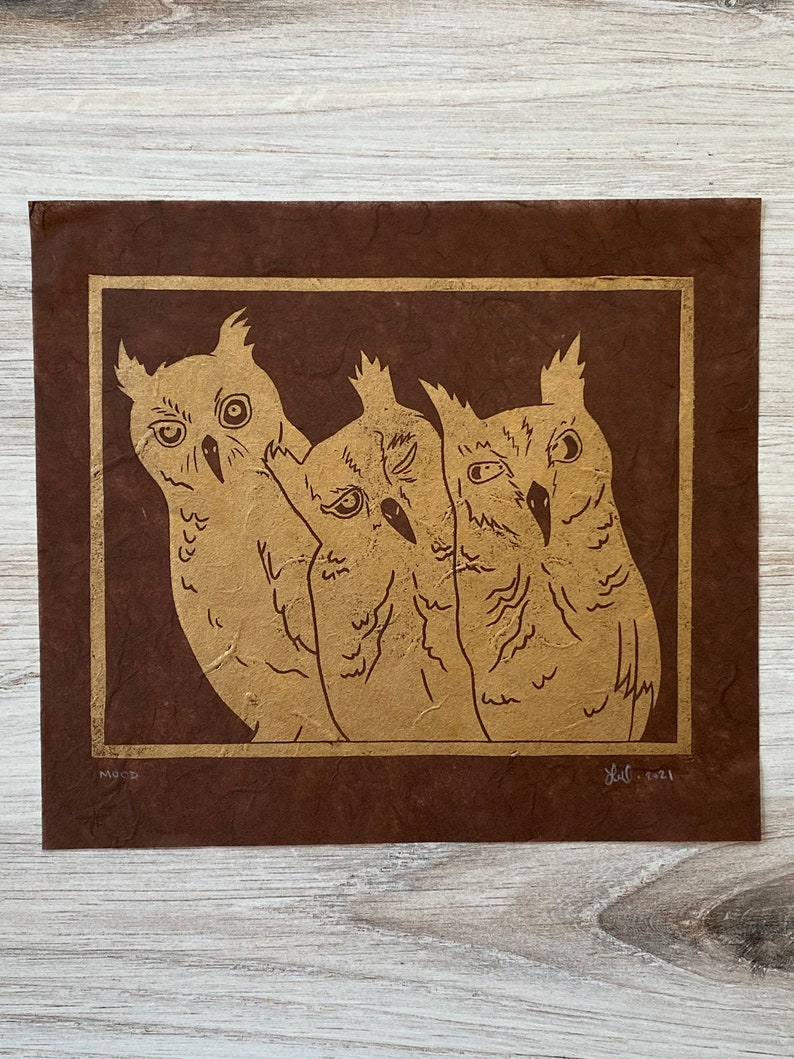 Mood Handmade Original Linocut Print Brown paper