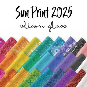 以下が含まれることがあります： カラフルな生地の正方形が斜めに配置されたコレクション。各正方形には、ピンク、オレンジ、黄色、緑、青、紫の色合いで、ユニークな花柄または幾何学模様が施されています。「Sun Print 2025」と「alison glass」の文字が上部に表示されています。