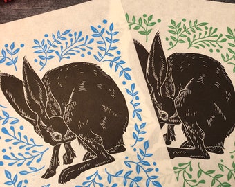 Hare in a Bush - Handmade Original Linocut Print