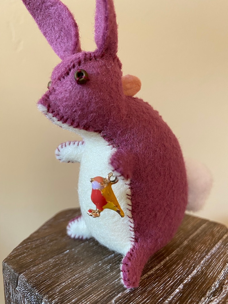 Bird in the Hand Bunny ~ Mini Handmade Bunny ~ Wool Felt OOAK Gift ~ Pincushion