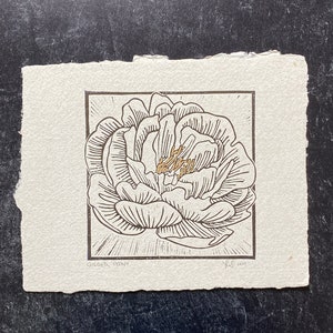 Gilded Peony - Handmade Original Linocut Print