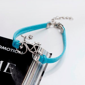 Bronce Bicicleta Encanto Cuero Azul Cuerda de Cera Pulsera imagen 4